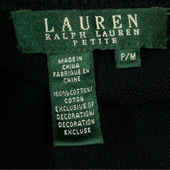 Lauren Ralph Lauren Knit Top Petite Size M Short Sleeve Zip Up 100% Cotton Black - Picture 6 of 11